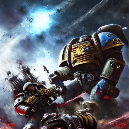 Image similar to space marine fight with a big ork, warhammer 4 0 0 0 0, warhammer 4 0 k, trending on art station, dark, post - apocaliptyic, emotional, digital art