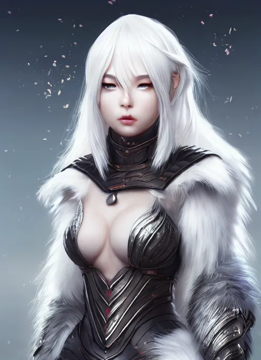 Image similar to warrior, fur - lined light armor!!! beautiful and elegant white hair female!! gorgeous ayes!! character concept art, sharp focus, octane render! unreal engine 5! highly rendered!! trending on artstation!! detailed linework!! illustration by artgerm, wlop, and chie yoshii