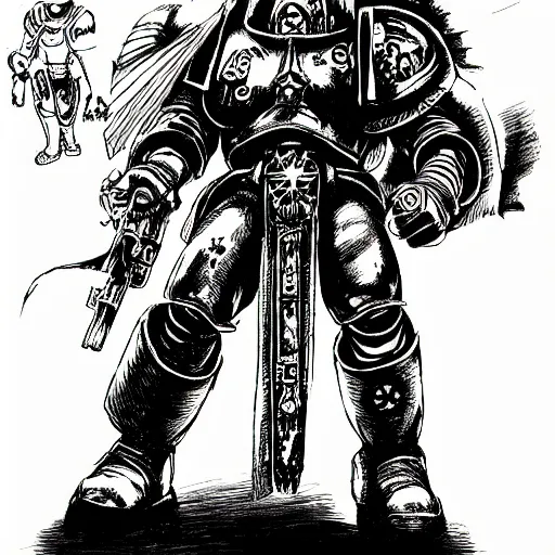 Prompt: Space Marine from Warhammer 40k, Blood Raven Chapter, in Kentaro Miura style, singular manga panel, black and white, detailed background