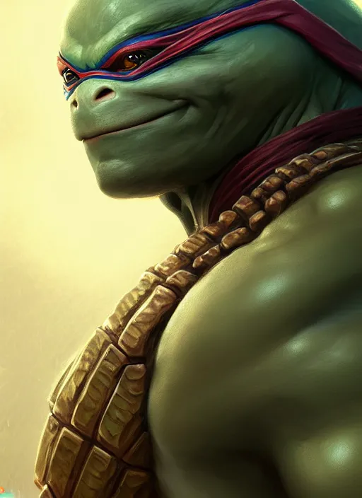 Image similar to Portrait of ninja turtle, D&D, muscular, fantasy, intricate, elegant, highly detailed, digital painting, artstation, concept art, smooth, sharp focus, illustration, art by artgerm and greg rutkowski and alphonse mucha