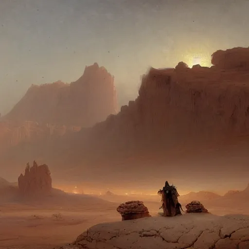 Image similar to an oil painting of a dry and cracked desert on an alien planet with a thick atmosphere and electrical storm above by carl spitzweg and greg rutkowski