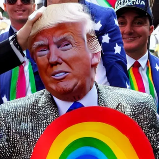 Image similar to donald trump wearing a rainbow suit at a gay pride parade