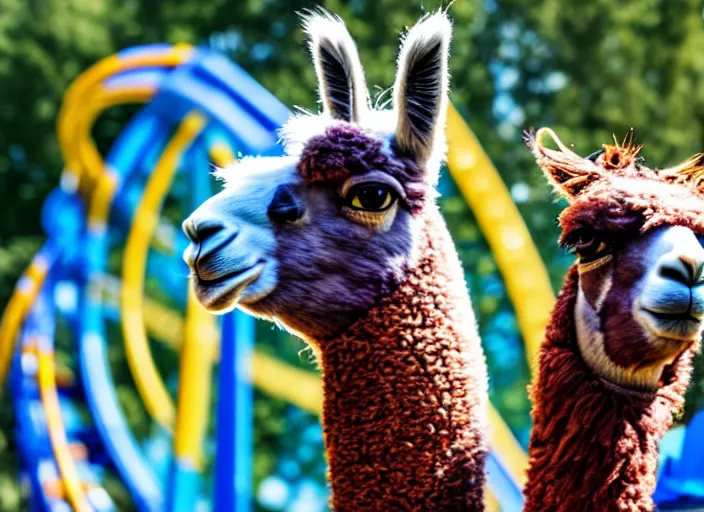 Image similar to film still of a llama riding a roller coaster in disneyland paris, 8 k