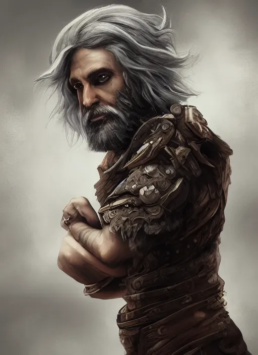 Image similar to an epic fantastic realism comic book style portrait painting of an aasimar warlock, mid thirties, male, shaggy silver hair, short brown beard, d & d concept art, unreal 5, daz, petrol aesthetic, octane render, cosplay, rpg portrait, dynamic lighting