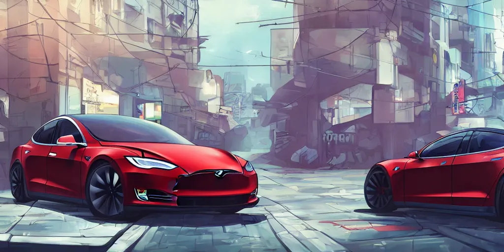 Image similar to tesla car in a city street, cyberpunk, anime, highly detailed