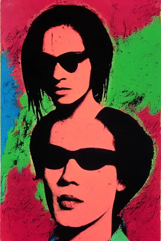 Image similar to neo from matrix painted by andy warhol