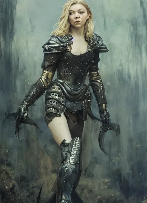 Prompt: young beautiful mischievous natalie dormer wearing black medieval armour, bare legs, detailed, by gaston bussiere, bayard wu, greg rutkowski, giger, maxim verehin, greg rutkowski, masterpiece, sharp focus, cinematic lightning