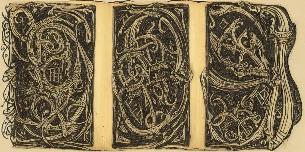 Image similar to a very detailed book of spells with ornate cryptic symbols drawn on the pages