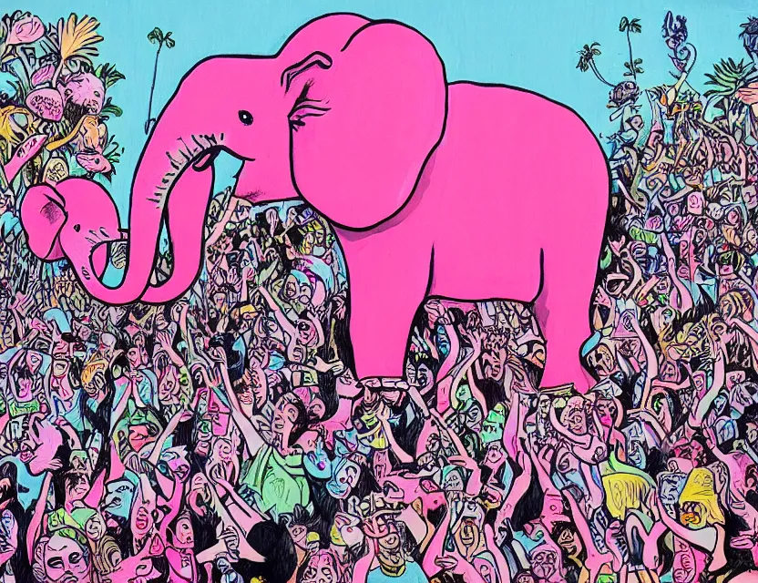 Prompt: a painting of a concert by bananas playing death metal while the public are pink elephants in the sky in the style of artist James Jean