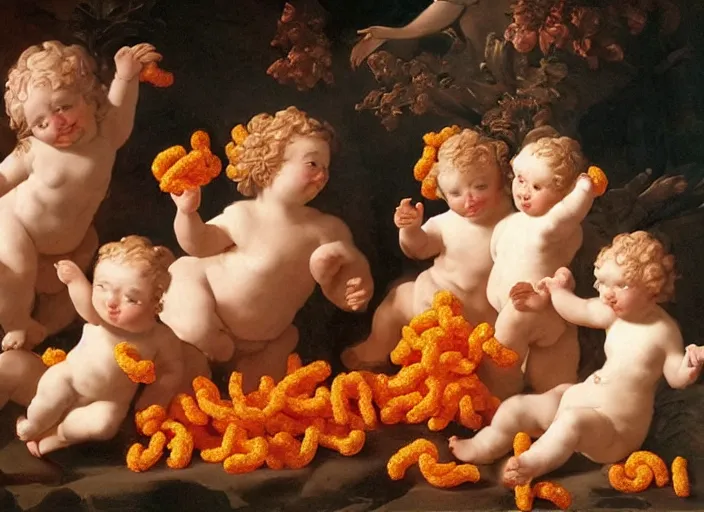 Image similar to cherubs eating cheeto's, extremely detailed, a baroque painting, rococo style