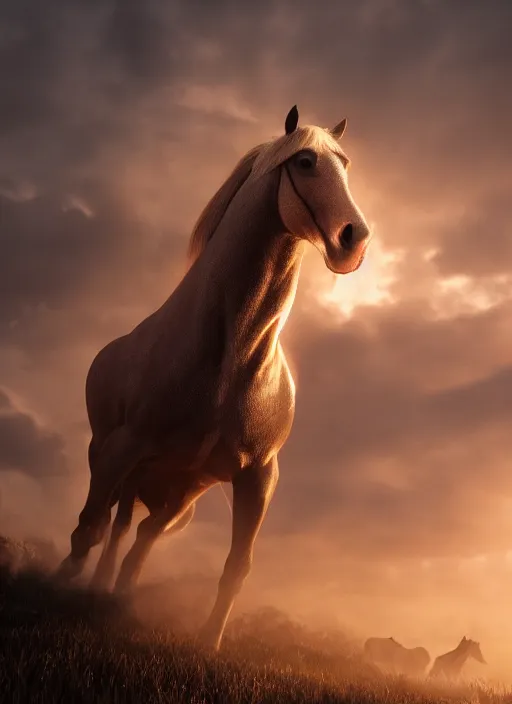 Prompt: horse on man, volumetric lighting, beautiful, golden hour, sharp focus, ultra detailed, cgsociety by leesha hannigan, ross tran, thierry doizon, kai carpenter, ignacio fernandez rios, noir photorealism, film