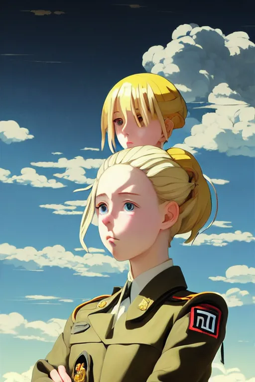 Prompt: baroque oil painting of key visual concept art, portrait of stern anime girl blonde hair blue eyes wearing military nazi ss uniform, brutalist, dark fantasy, rule of thirds golden ratio, fake detail, trending pixiv fanbox, acrylic palette knife, style of makoto shinkai studio ghibli genshin impact jamie wyeth james gilleard greg rutkowski