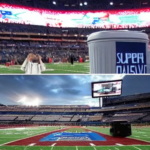 Prompt: someone left a washing machine on the field of the super bowl