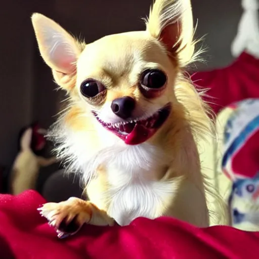 Prompt: creepy chihuahua baring its teeth with soulless evil eyes