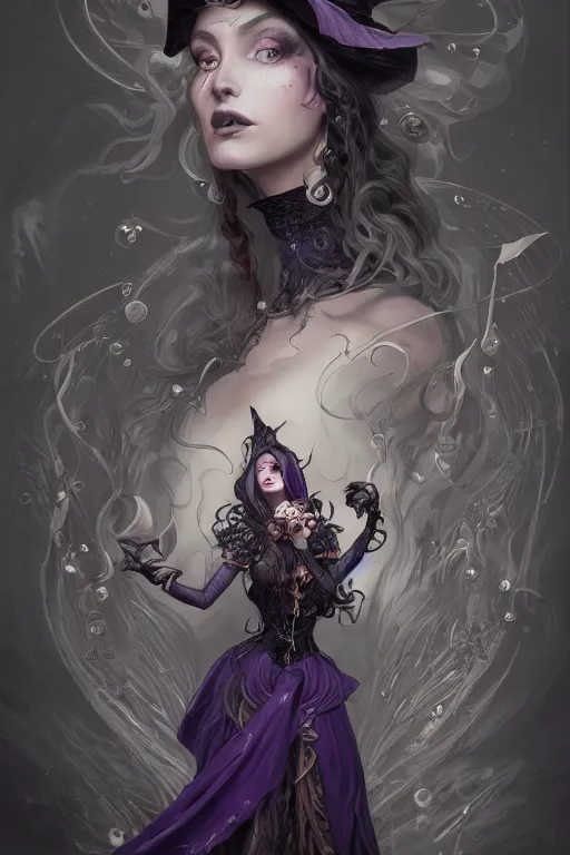 Prompt: an insanely detailed close up portrait of a beautiful witch standing in an alchemy lab, long purple hair, tightly fitting black ornate dress and black witch hat, in the style of peter mohrbacher, artgerm, dramatic lighting and composition, octane render, trending on artstation, concept art 8 k