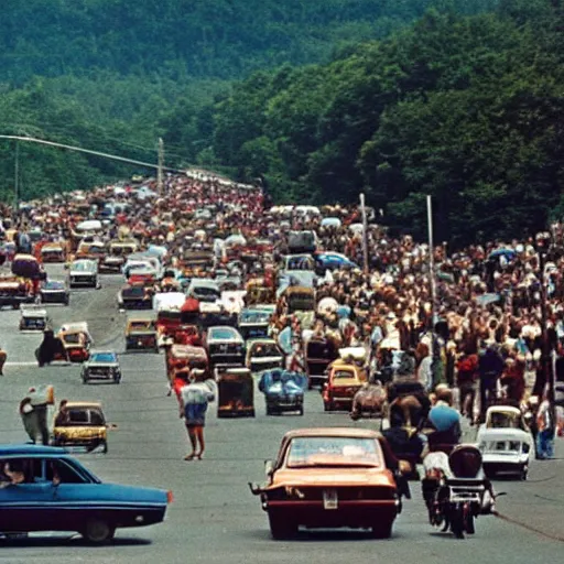 Prompt: people and cars heading to woodstock, 1 9 6 9, 8 k, 7 0's color