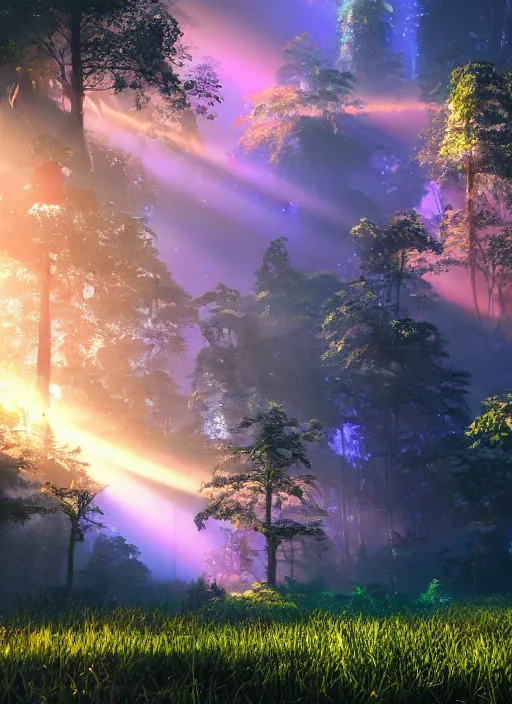 Image similar to beauteous sumptuous, with incredible iridescent pearlescent voluminous fluorescent neon indirect soft glow cinematic lighting, crystalline masterpiece incrustations, hyperdetailed features, movie still, intricate, octane render, cinematic forest lighting, unreal engine, crepuscular rays, god rays