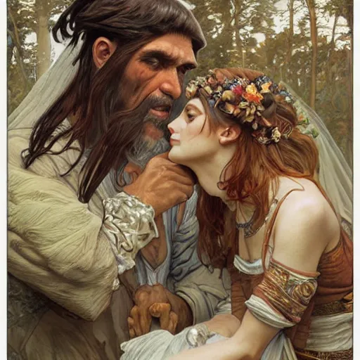 Prompt: Neanderthal wedding, original historical photo, highly detailed, sharp focus, illustration, by artgerm and greg rutkowski and alphonse mucha and loish and WLOP