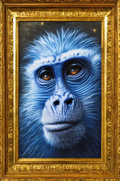 Image similar to blue monkey lying on his back looking up at the stars, oil on canvas, intricate, portrait, 8 k highly professionally detailed, hdr, cgsociety