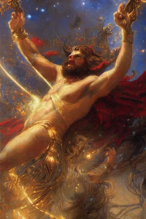 Image similar to portrait of rand al'thor channeling the one power during the last battle. art by gaston bussiere.