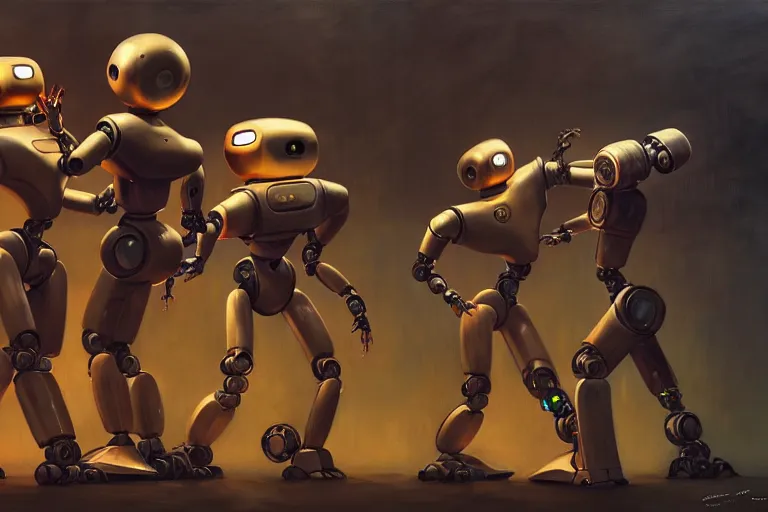 Image similar to robots expressively dancing by otto dix and greg rutkowski and andreas rocha, cinematic lighting, highly detailed, warm colours, 4 k