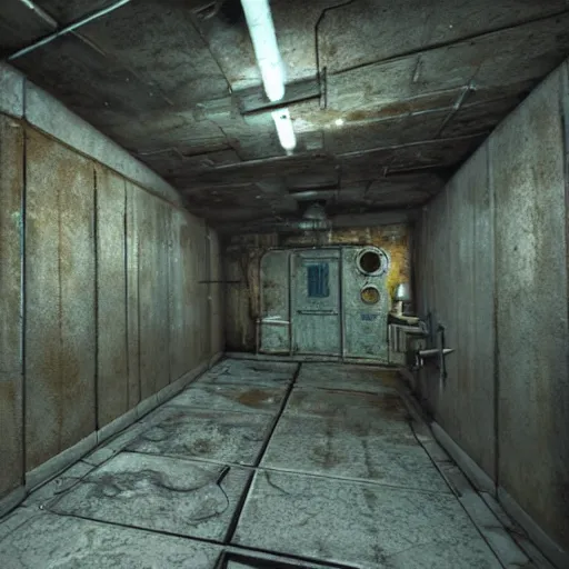 Prompt: fallout concept art vault - tec underground bunker metal walls interior render grim realistic lighting unreal engine 5