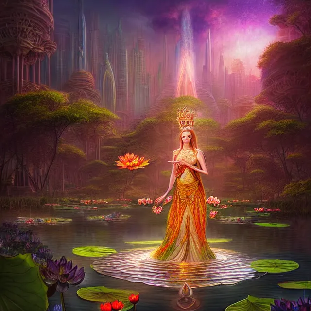 Image similar to Beautiful 3d render of the flower queen goddess near a pond full of lotus, atmospheric lighting, painted, intricate, volumetric lighting, beautiful, sharp focus, ultra detailed, in the art style of Dan Mumford and marc simonetti, with a clear crowded futuristic cyberpunk dubai city in the background, astrophotography