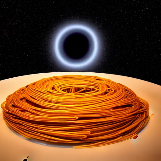 Image similar to photography of a black hole with spaghetti noodles on a dinner plate, spaghetti noodles disc, gravitational lens, 8 k resolution