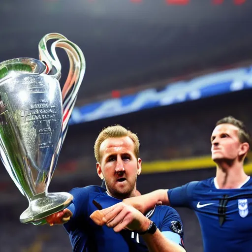 Prompt: harry kane lifting the uefa champions league as an arsenal player, photorealistic, sports photo, dramatic, sharp focus, extreme detail, night