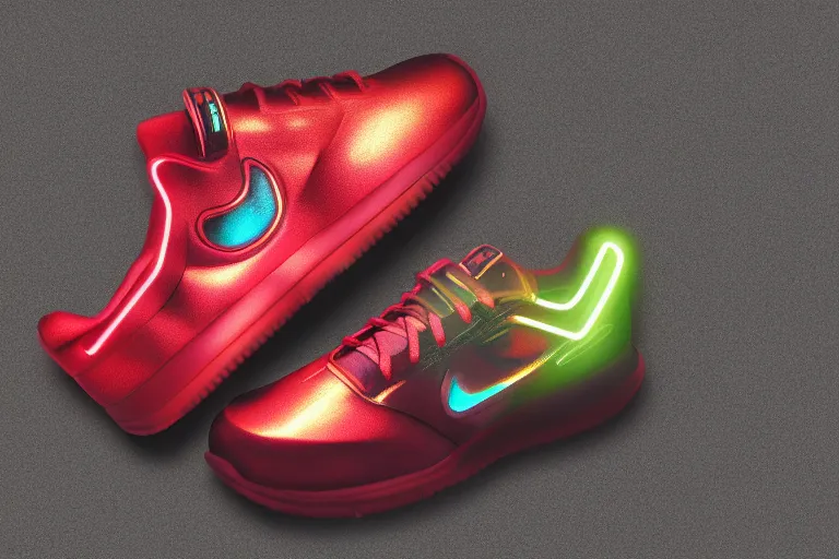 Image similar to mid product still of The New metallic Ironman Nike sneakers with glowing arc reactor swoosh, 4k
