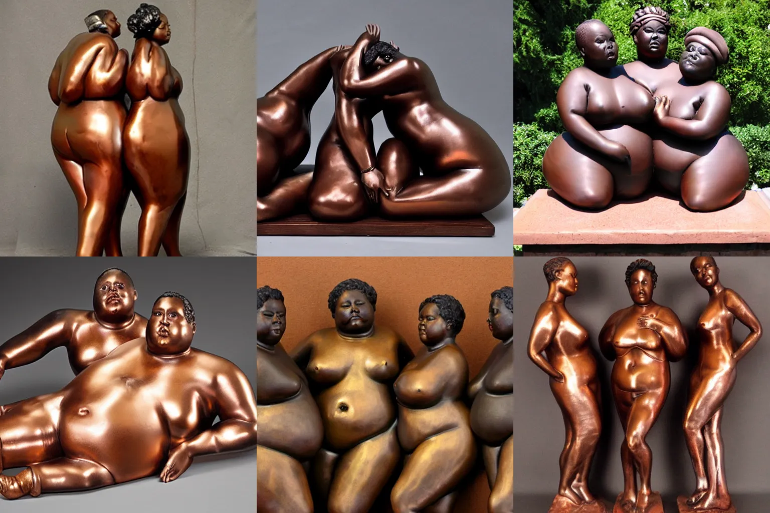 Prompt: copper sculpture of 3 beautiful fat black people lying sensuously