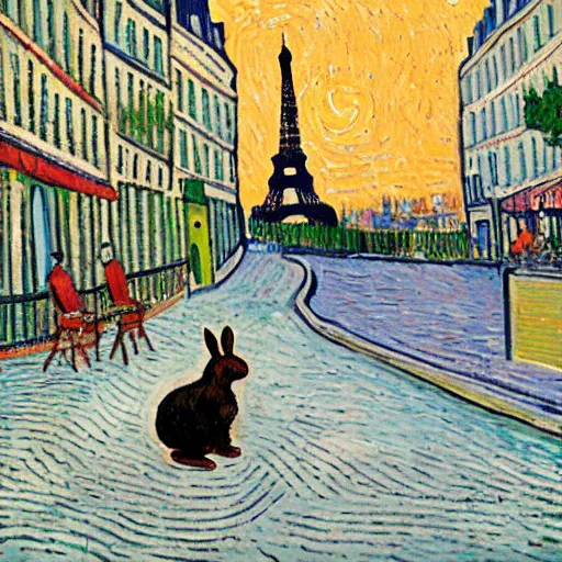 Prompt: a rabbit sitting on a street in paris, the eiffel tower is visible in the background, in the style of van gogh