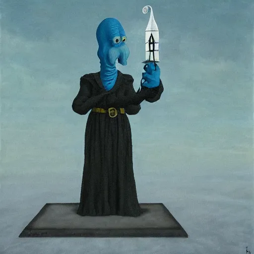 Prompt: squidward as a dark souls boss by René Magritte