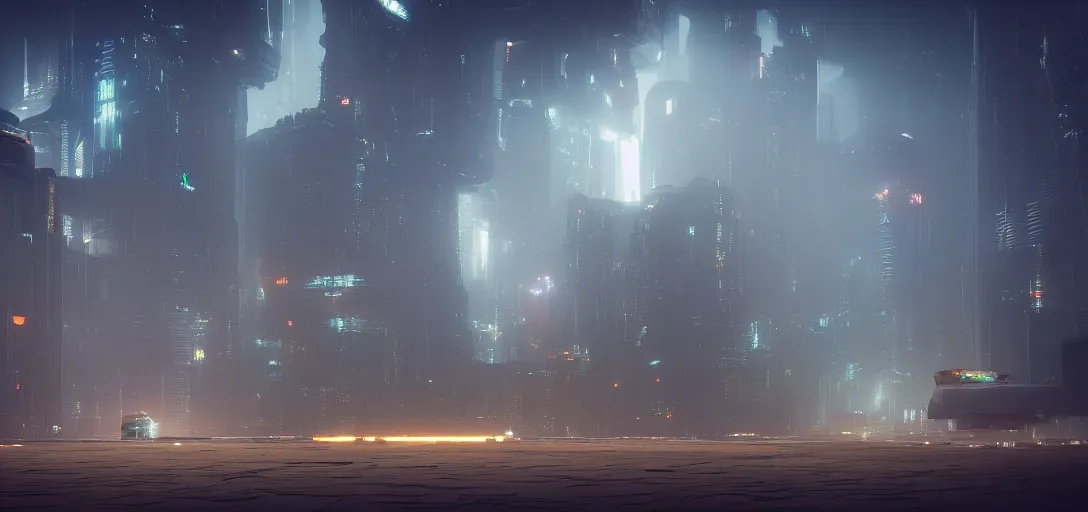 Prompt: view from the desert ground of futuristic mechanical blade runner cubes cyberpunk architecture, light rays, symmetry, cinematic lighting, ultra detailed, sharp, ambient occlusion, bloom, raytracing, by greg rutowski, paul chadeisson and jessica rossier