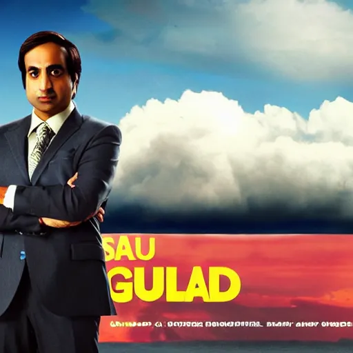 Image similar to Raj Koothrappali as Saul Goodman, promo poster, clouds in the background