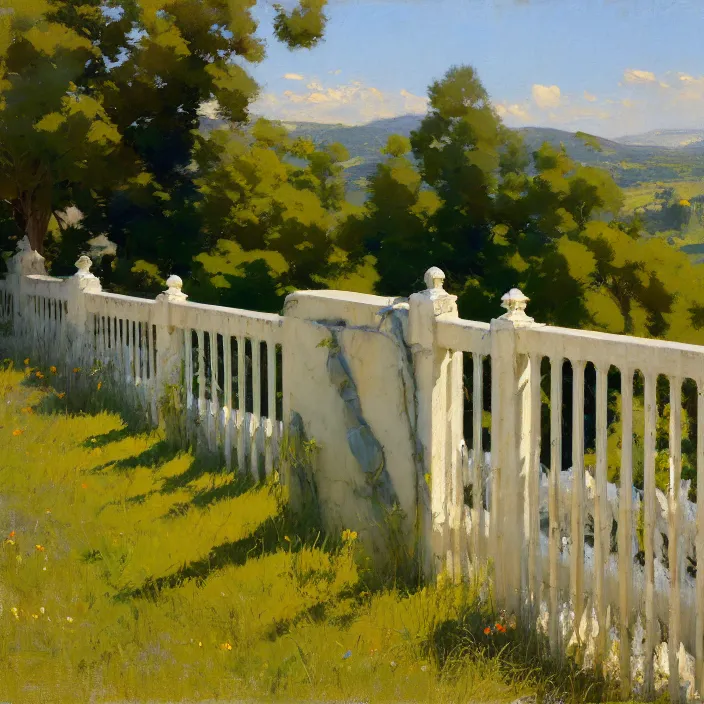 Image similar to painting of a stone railing, countryside, calm, sunny day, artwork by jeremy lipkin and giuseppe dangelico pino and michael garmash and rob rey and greg manchess and huang guangjian and makoto shinkai, sharp edges, simple form, 1 0 0 mm