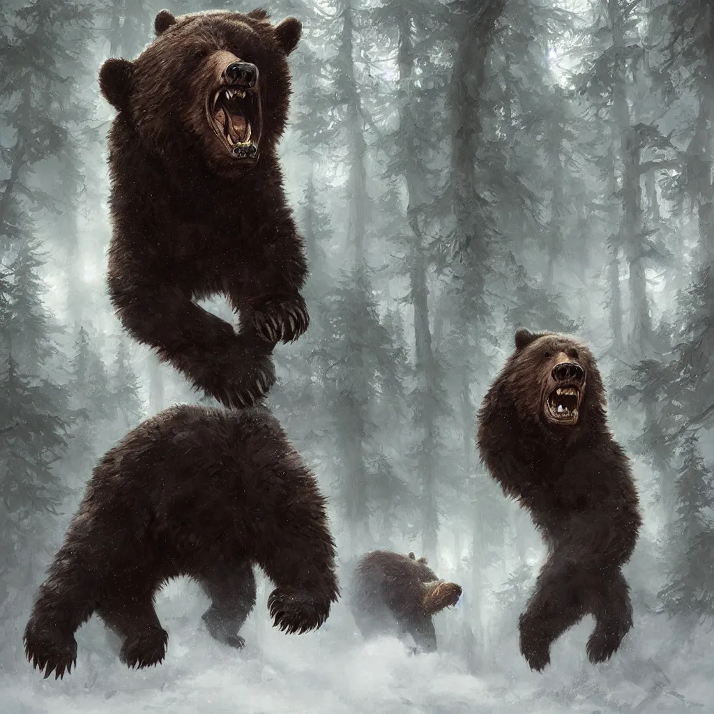 Prompt: fantasy painting of wild bear charging towards viewer, paw raised, roaring, open mouth, teeth, dark forest in background, painted by greg rutkowski and andreas rocha