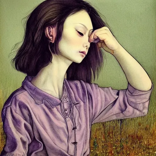 Prompt: little tomboy, purple tunic, soft hair. light color palate, detailed soft painting, ayami kojima, anatomically correct, inspired in balthus