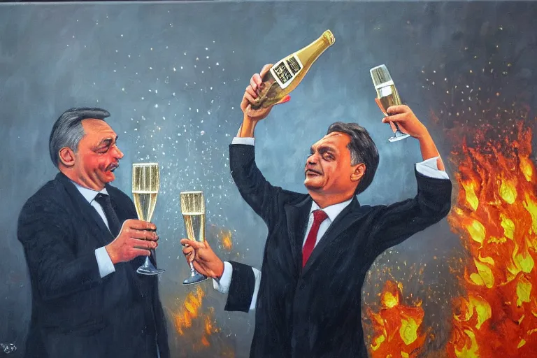 Prompt: viktor orban drinking champagne and cheering in front a burning city, highly detailed eyes, oil on canvas