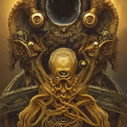 Image similar to a beautiful rendition of astronaut cthulhu, insanely detailed and intricate, golden ratio, hypermaximalist, elegant, ornate, luxury, elite, horror, creepy, ominous, haunting, matte painting, cinematic, cgsociety, james jean, brian froud, ross tran