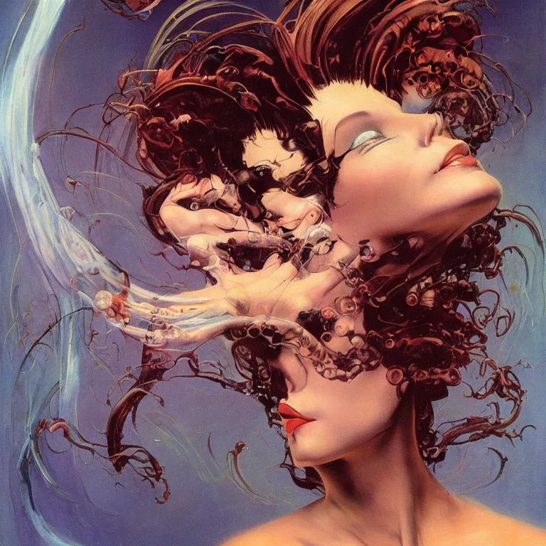 Prompt: portrait of a woman with ( ( swirling ) ) hair and fractal skin by frank frazetta, retrofuturism, psychedelic art reimagined by industrial light and magic