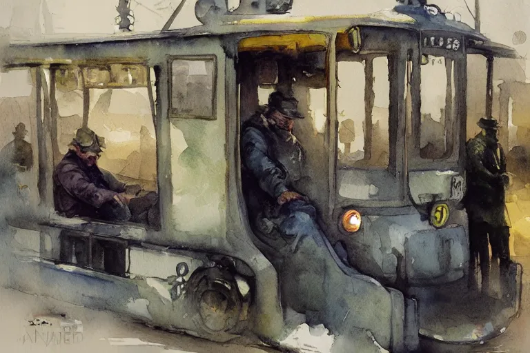 Image similar to small centered on watercolor paper, paint brush strokes, abstract watercolor painting of old man sitting on tram, poor and rugged, cinematic light, national romanticism by hans dahl, by jesper ejsing, by anders zorn, by greg rutkowski, by greg manchess, by tyler edlin