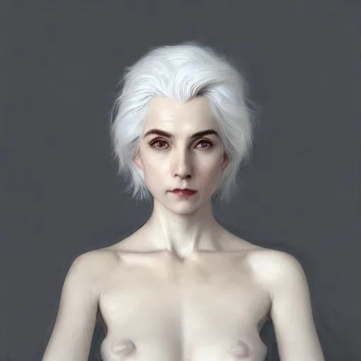 Prompt: white haired aristocrat, bust portrait, gentle, solemn face, cloth, female, city landscape, d & d, fantasy, intricate, elegant, digital painting, white grey color palette, artstation, octane render, concept art, matte, sharp focus, illustration, herrarthstone, art by artgerm and greg rutkowski and alphonse mucha