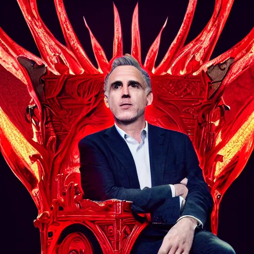 Image similar to jordan peterson seated on the throne of hell, highly detailed, fiery, red hues, lens flare