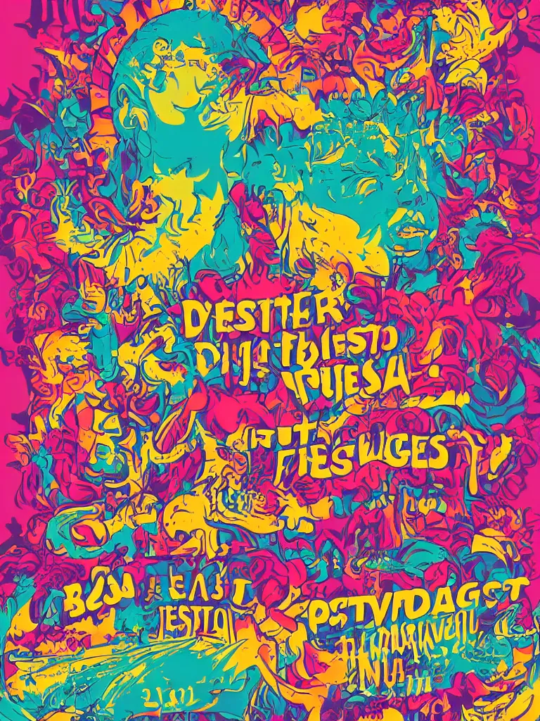 Image similar to poster for a music festival called diggerfest in the united kingdom, really good vibes, colorful, summer