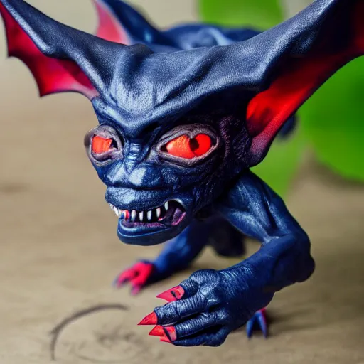 Image similar to detailed full body of scary giant mutant dark blue humanoid pygmy-bat, glowing red eyes, sharp teeth, acid leaking from mouth, realistic, giant, bat ears, bat nose, furred, detailed, 85mm f/1.4