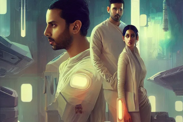 Image similar to Sensual good looking pale young Indian doctors wearing Blade Runner 2049 clothing in a space station above Earth, portrait, elegant, intricate, digital painting, artstation, concept art, smooth, sharp focus, illustration, art by artgerm and greg rutkowski and alphonse mucha