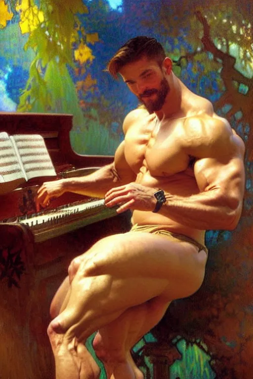 Prompt: attractive muscular man, playing piano, cool colors, painting by gaston bussiere, craig mullins, greg rutkowski, alphonse mucha