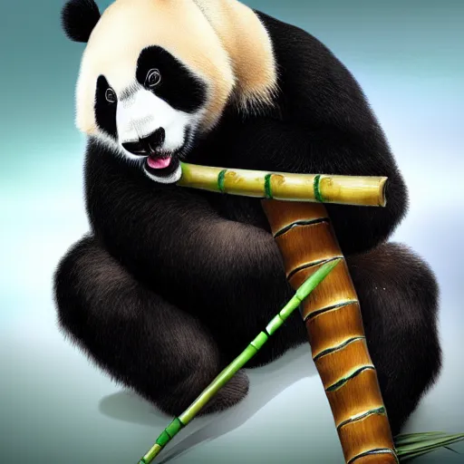 Prompt: a funny picture of a bodybuilder panda eating a bamboo, curling weights, digital art, high quality, detailed, artstation