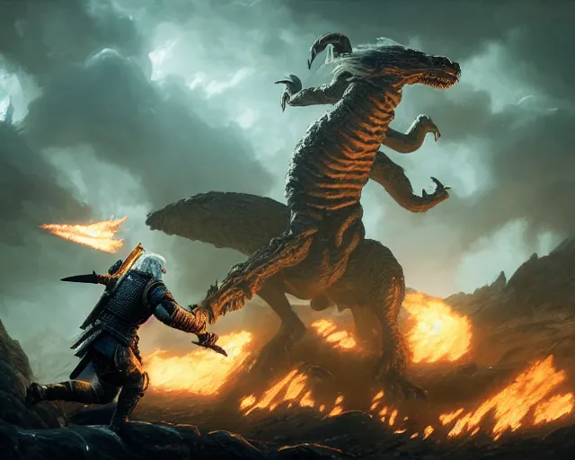 Image similar to 5 5 mm portrait photo of geralt fighting a 5 headed hydra with aard. magical atmosphere. art by greg rutkowski. highly detailed 8 k. intricate. lifelike. soft light. nikon d 8 5 0.